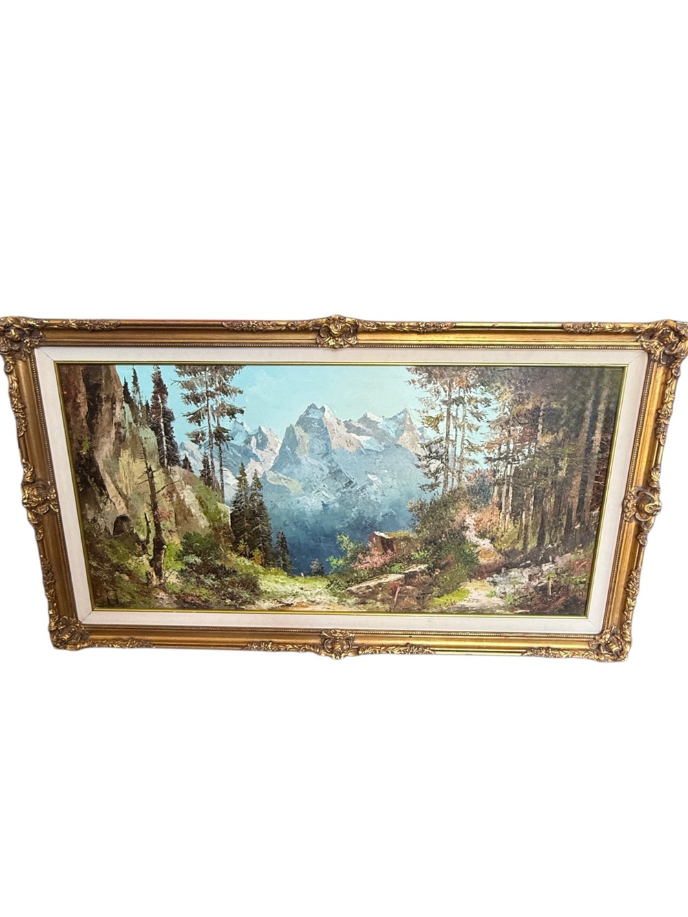 Rare vintage oversized large horizontal landscape forest mountain oil painting